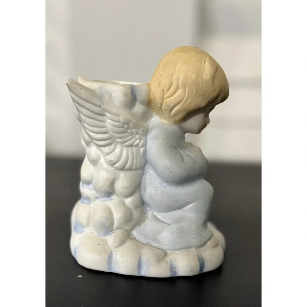 VTG Praying Angel In Blue Porcelain Christmas Holiday Taper Candle Holder R.O.C.